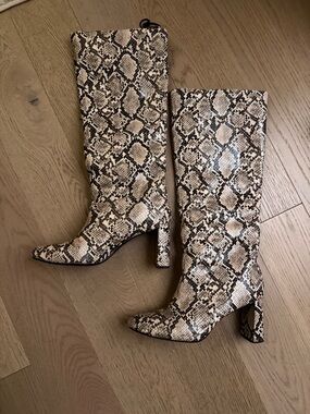 Zara Snake-Print Knee Boots in Beige and Black